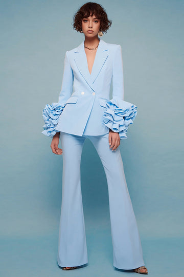 Blue 2-Piece Notched Lapel Women Suits With Ruffle Sleeves
